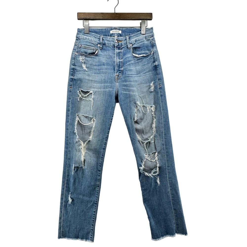 Good American Good Cuts Boyfriend Jeans Size 6/28 Distressed Ripped Raw Hem